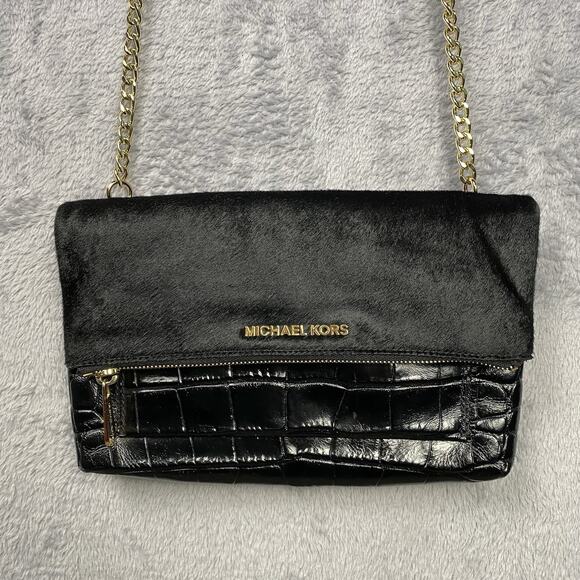 Michael Kors Cross-body Purse Black Calf Hair Crocodile Embossed Leather Punk - Picture 1 of 12